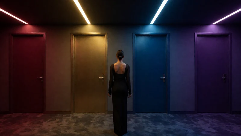 原创电影主题图:夜间影院走廊里四扇不同颜色的放映厅门与成年观众背影